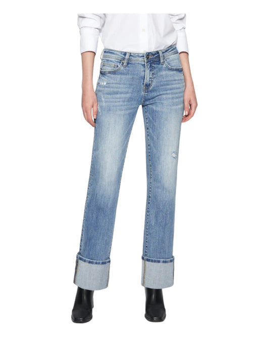 Mid-Rise Straight Leg Cuffed Denim Jeans
