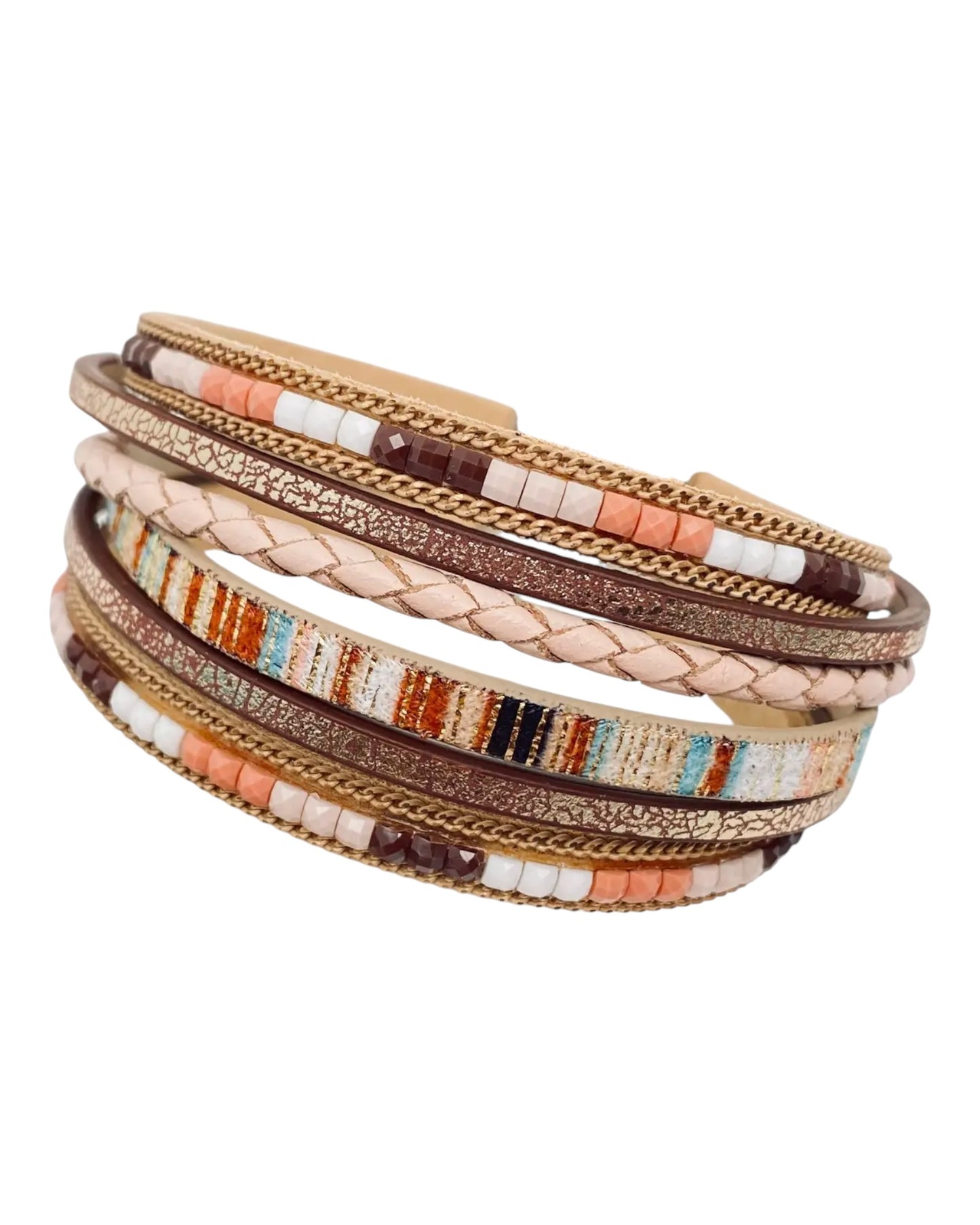 Khaki Boho Woven Leather and Bead Bracelet