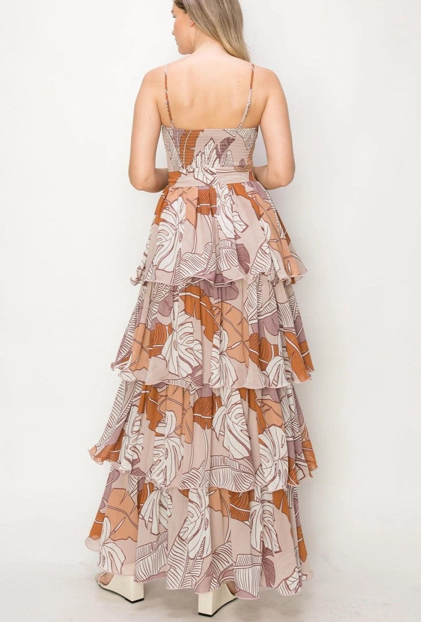 Boho Leaf Print Tiered Maxi Dress