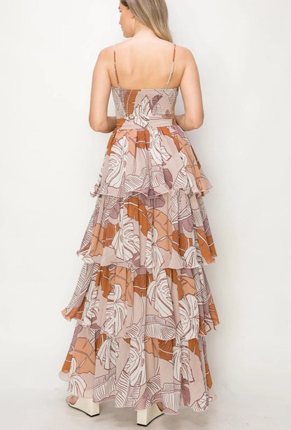 Boho Leaf Print Tiered Maxi Dress