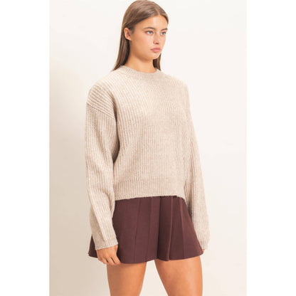 Heather Taupe Ribbed Crew Neck Sweater