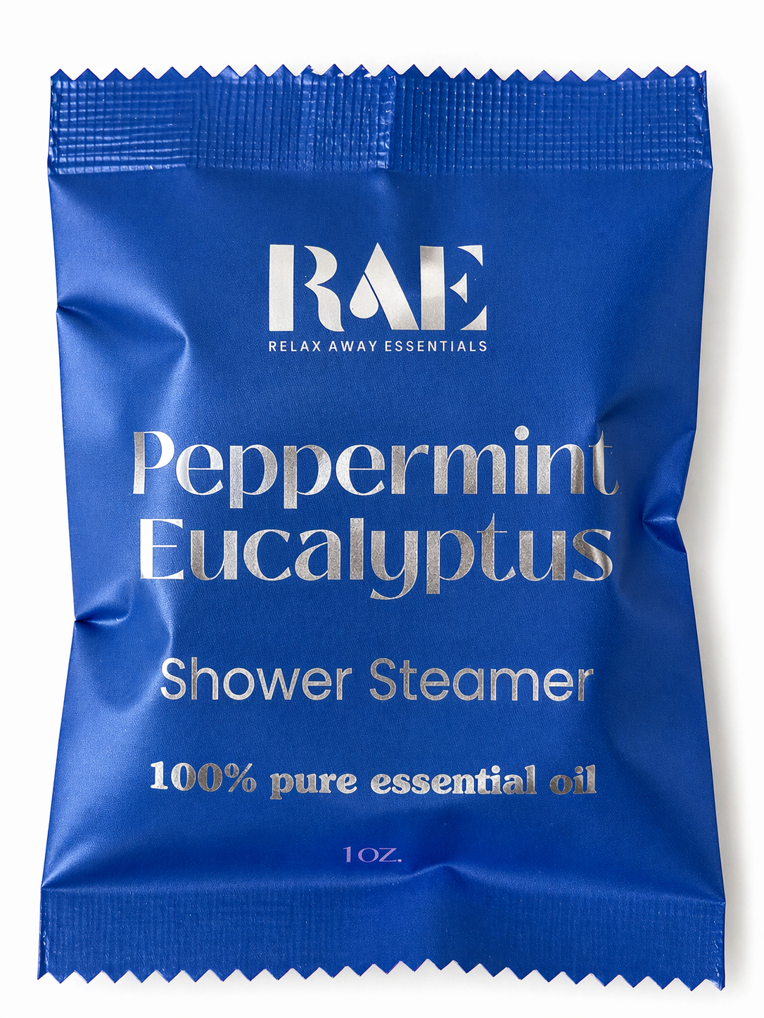 Blue package of RAE Peppermint Eucalyptus Shower Steamer on a white background.