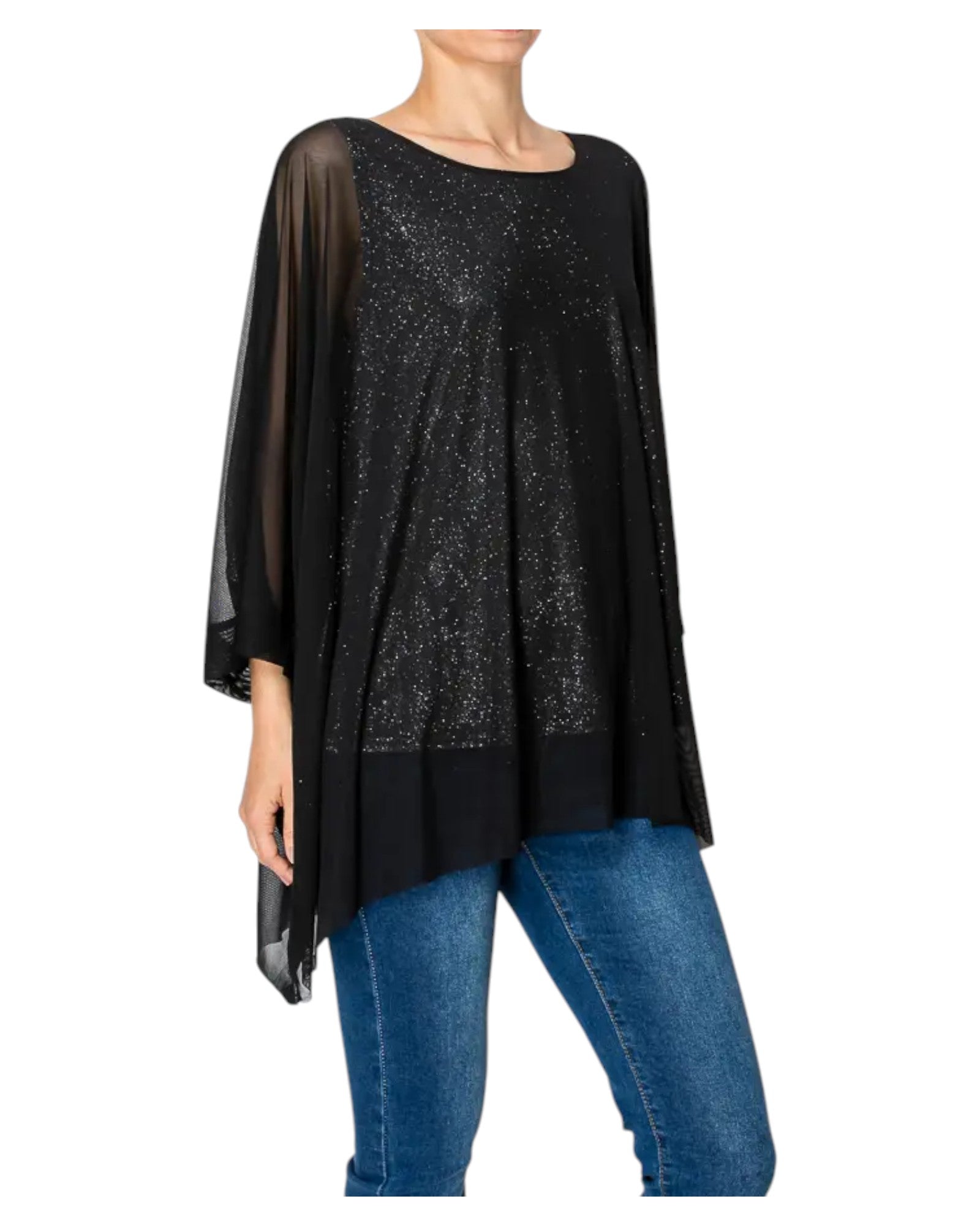 Woman wearing the Starry Night Black Sparkly Tunic Top and jeans. 