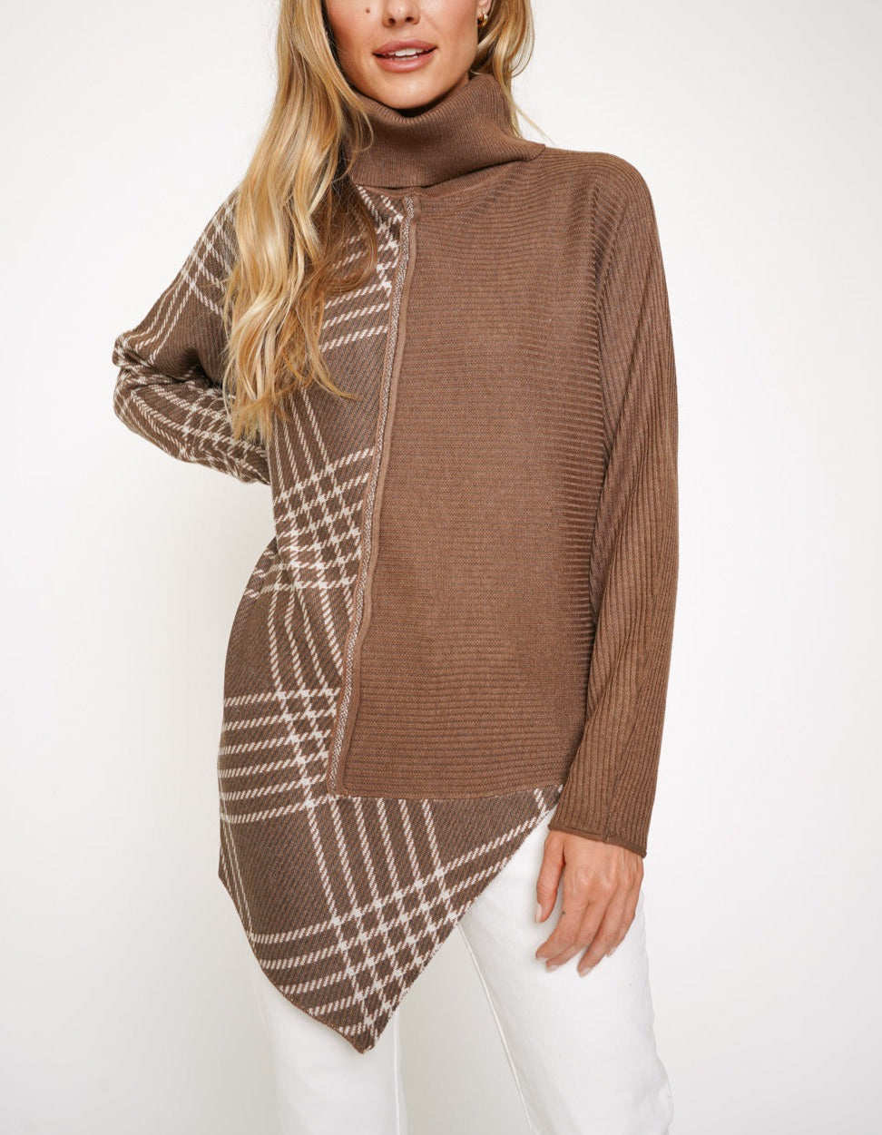 Checkered Coffee Asymmetrical Turtleneck Sweater