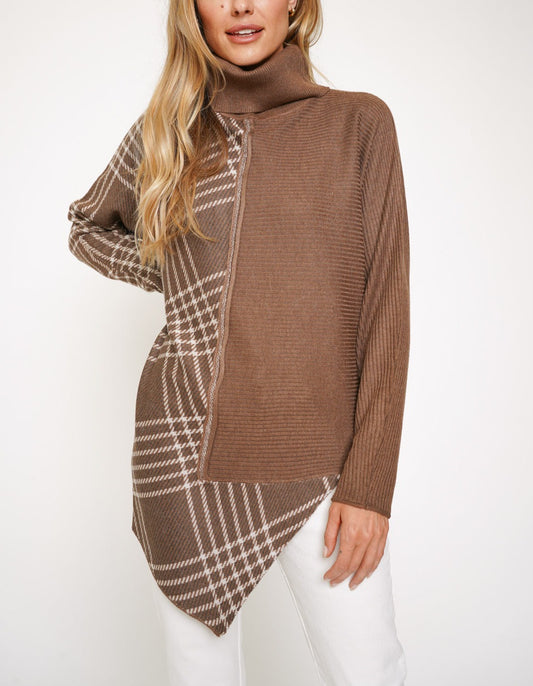 Checkered Coffee Asymmetrical Turtleneck Sweater