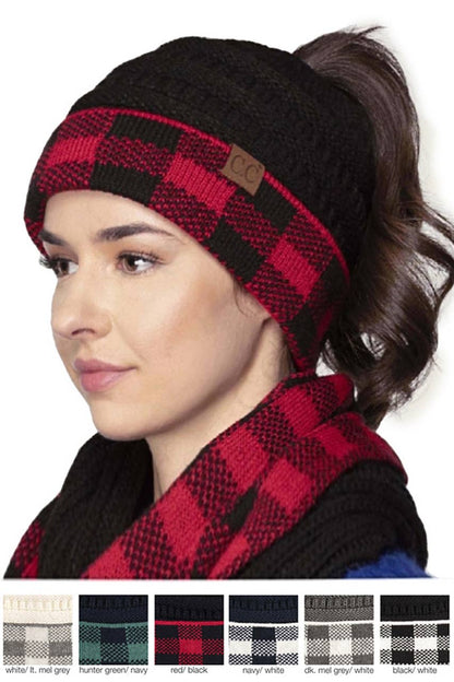 C.C Buffalo Check Messy Bun Ponytail Beanie: Red/Black