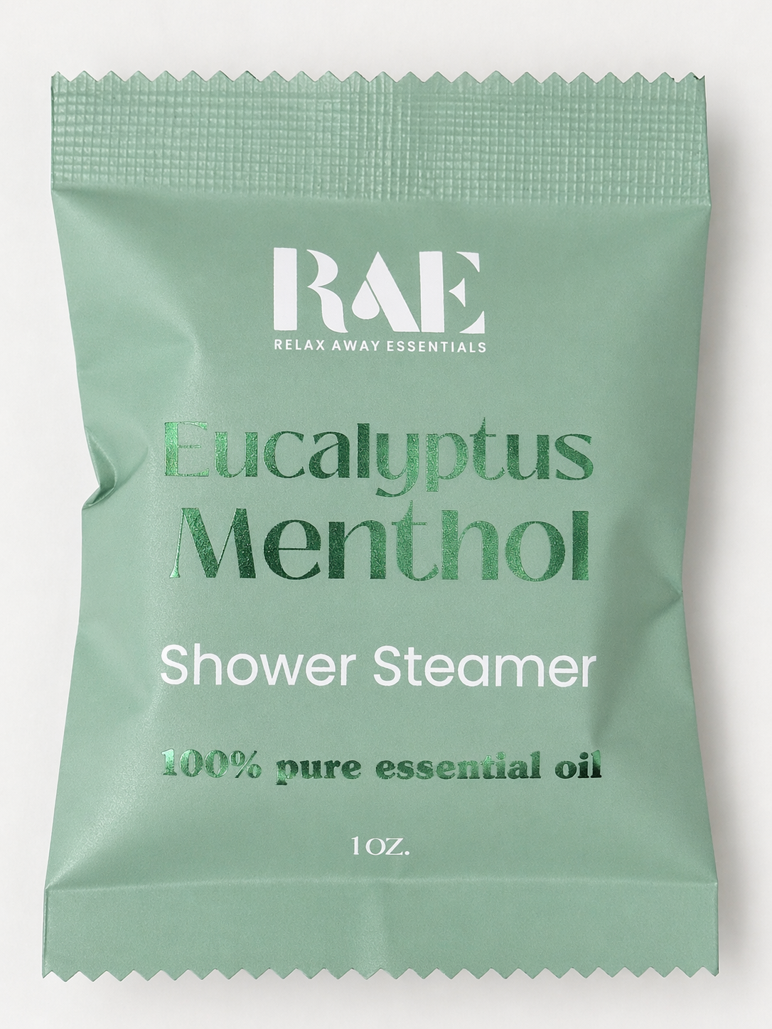 Green shower steamer packaging with 'RAE' branding on a white background