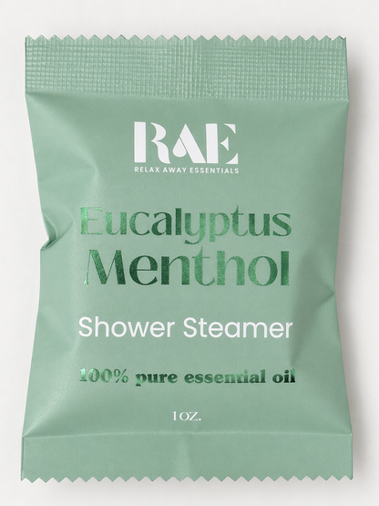 Green shower steamer packaging with 'RAE' branding on a white background