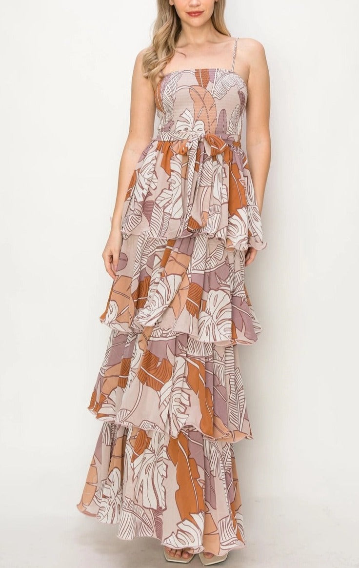 Boho Leaf Print Tiered Maxi Dress