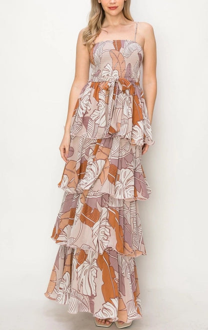 Boho Leaf Print Tiered Maxi Dress