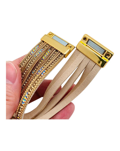 Tan Leather & Inlaid Crystal Layer Bracelet