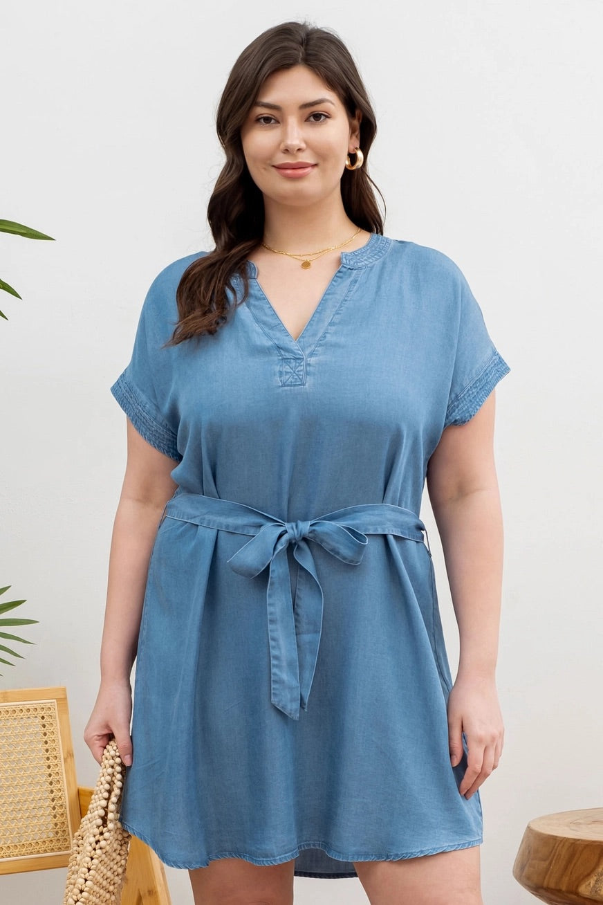 Blue For You Chambray Curvy Belted Dress