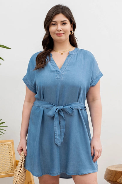 Blue For You Chambray Curvy Belted Dress