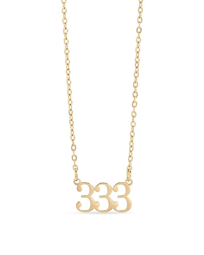 Gold waterproof necklace with '333' pendant on a white background.