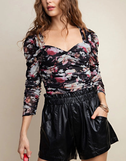 Black Floral Mesh Corset Long Sleeve Top