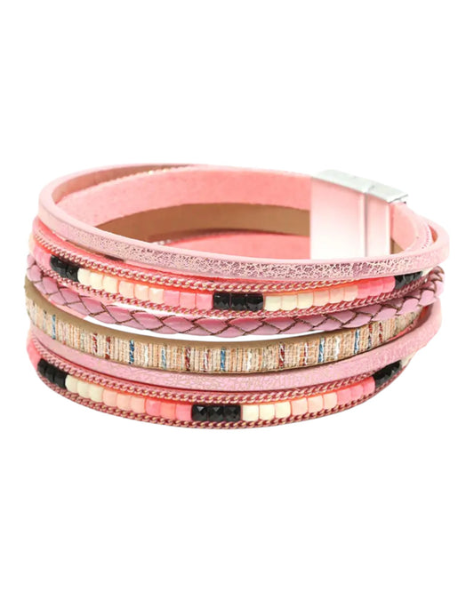 Pink Boho Woven Leather and Bead Bracelet