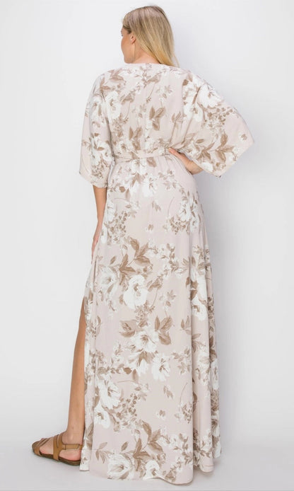 Taupe Floral Belted Maxi Wrap Dress