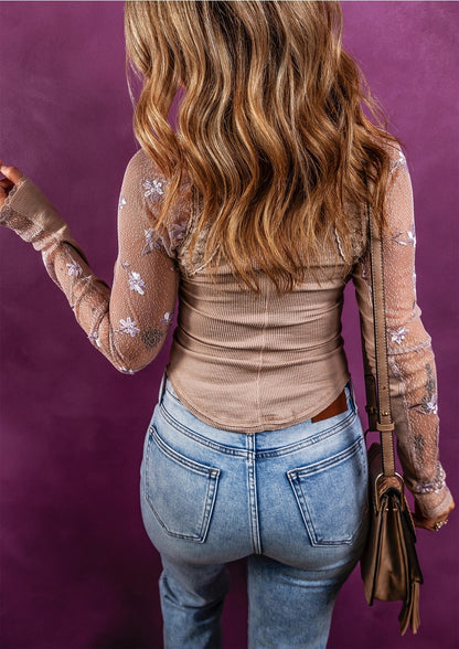 Flaxen Floral Sheer Long Sleeve Top