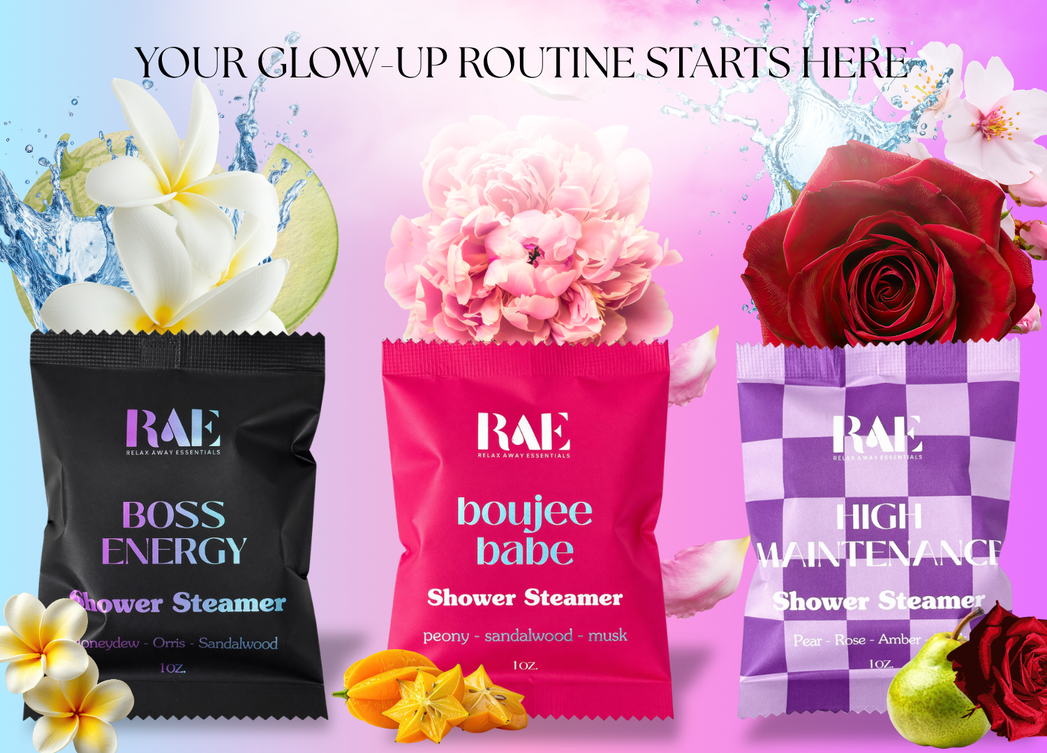 Three shower steamer packages from RAE with colorful packaging and floral designs on a pink background.