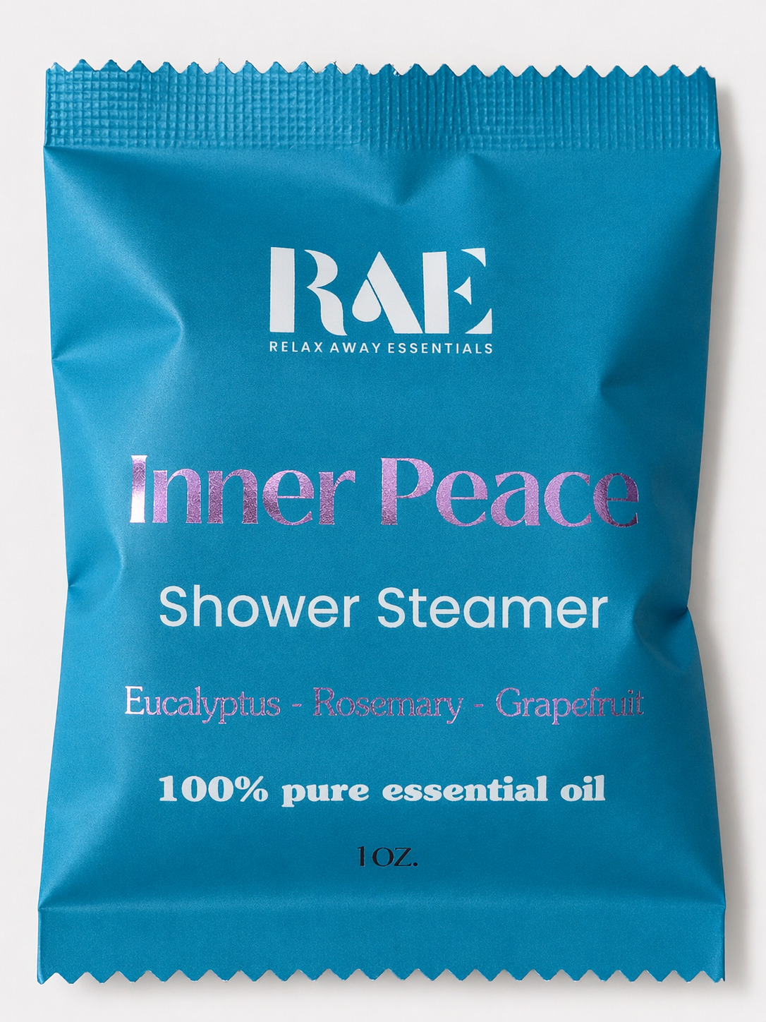 Blue shower steamer packaging with 'RAE' branding on a white background.