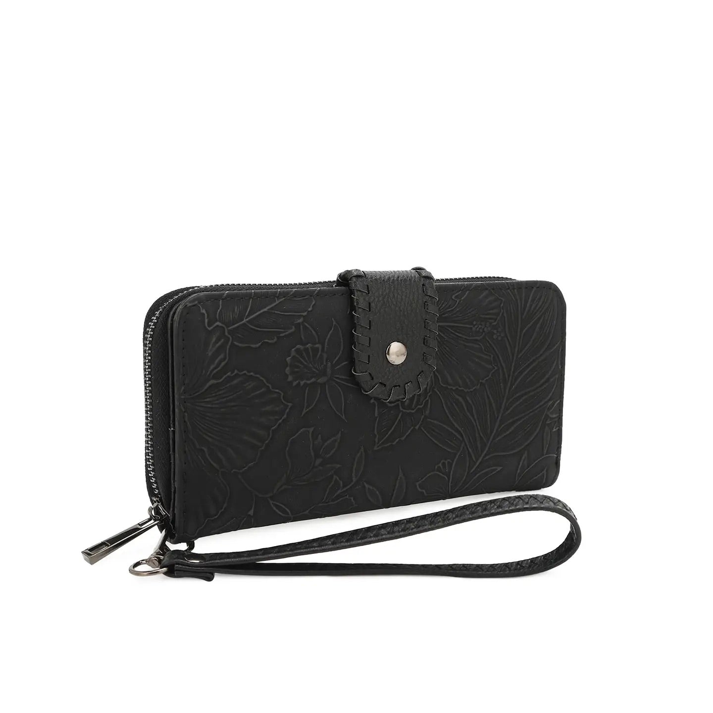 Black Floral Embossed Wristlet Wallet