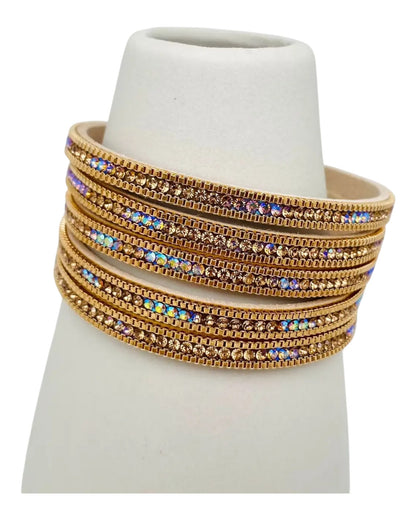 Tan Leather & Inlaid Crystal Layer Bracelet