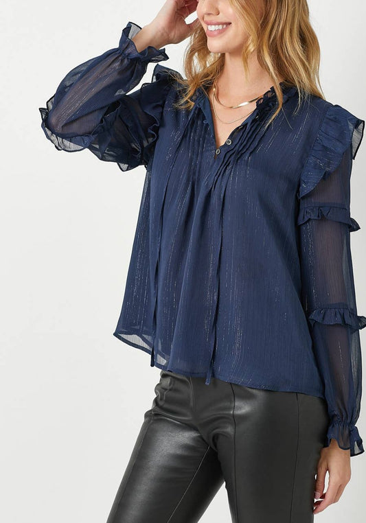 Navy Shimmer Chiffon Ruffle Sleeve Blouse