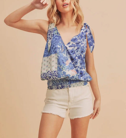 Blue Multi-Print Halter Tank Top