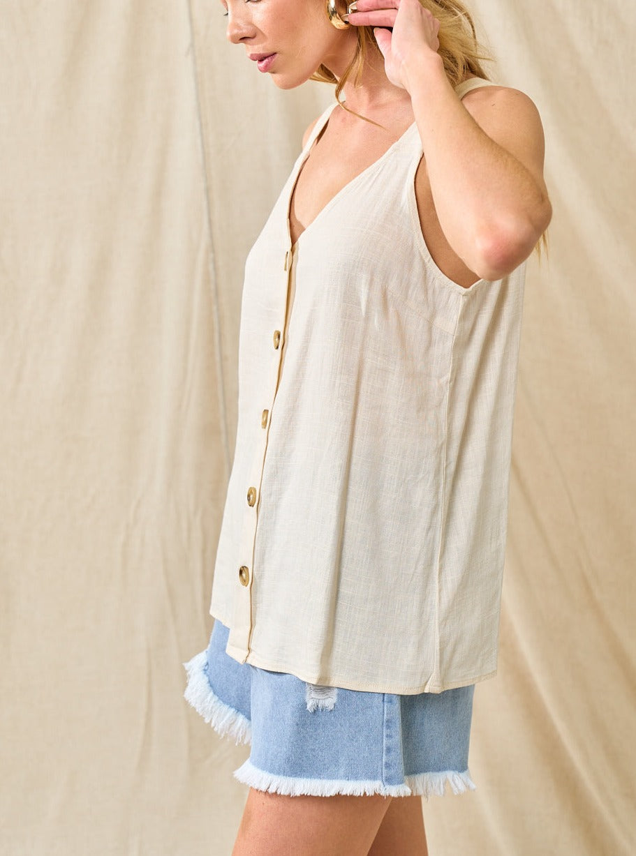 Soft Cream Linen Button Up Sleeveless Shirt