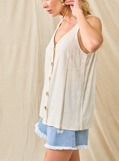 Soft Cream Linen Button Up Sleeveless Shirt