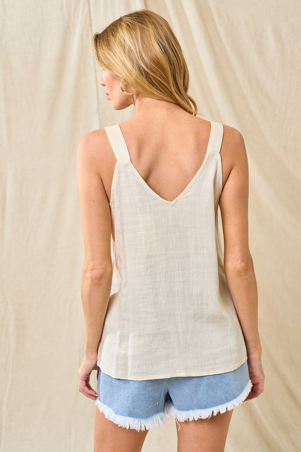 Soft Cream Linen Button Up Sleeveless Shirt
