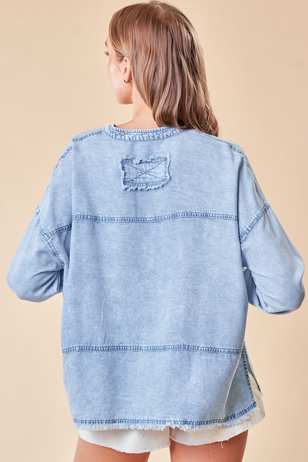 Long Sleeve Soft V-Neck Denim Top