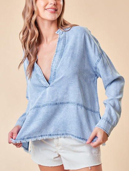 Long Sleeve Soft V-Neck Denim Top