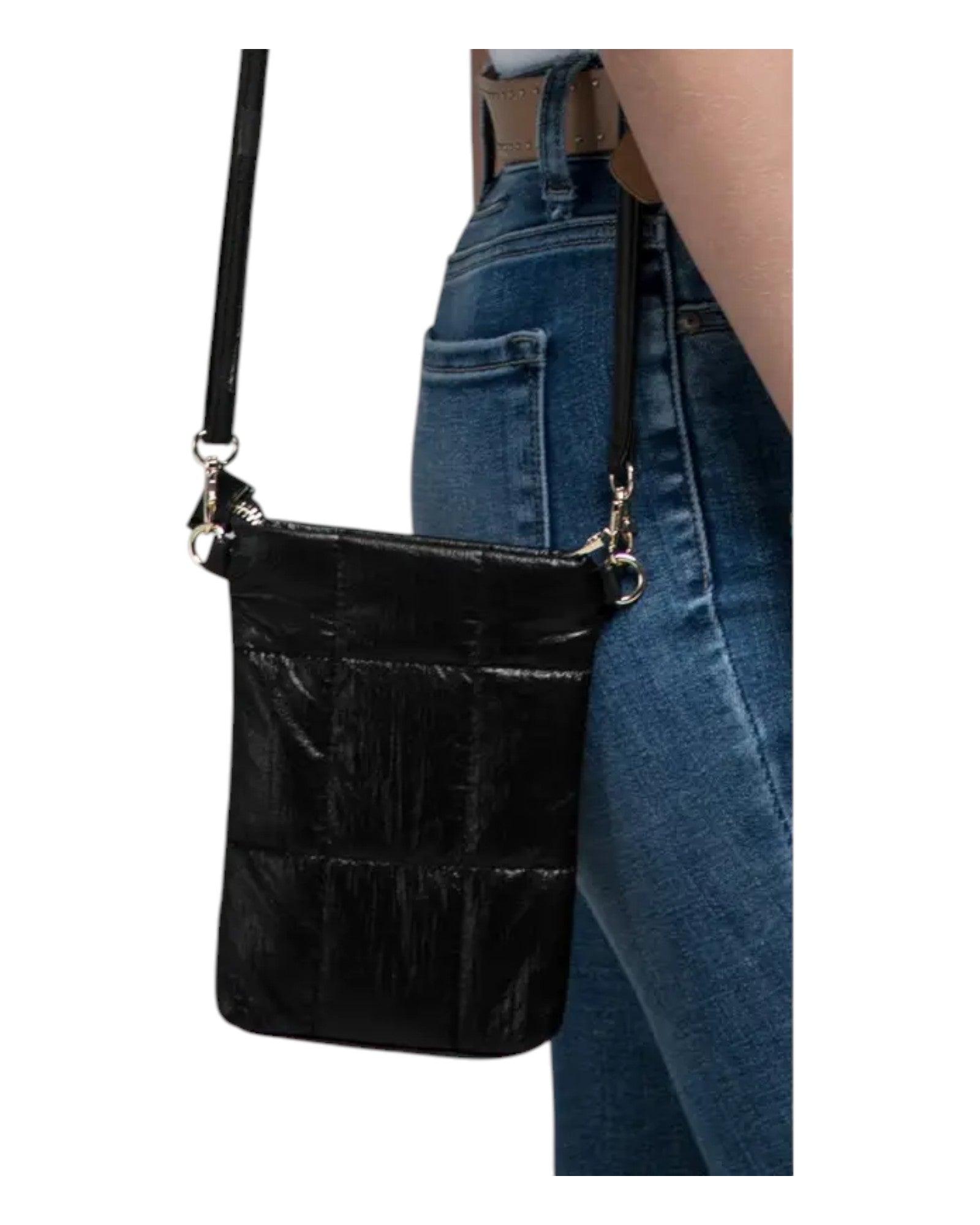 Midnight Black Metallic Puffer / Bubble Small Crossbody Bag
