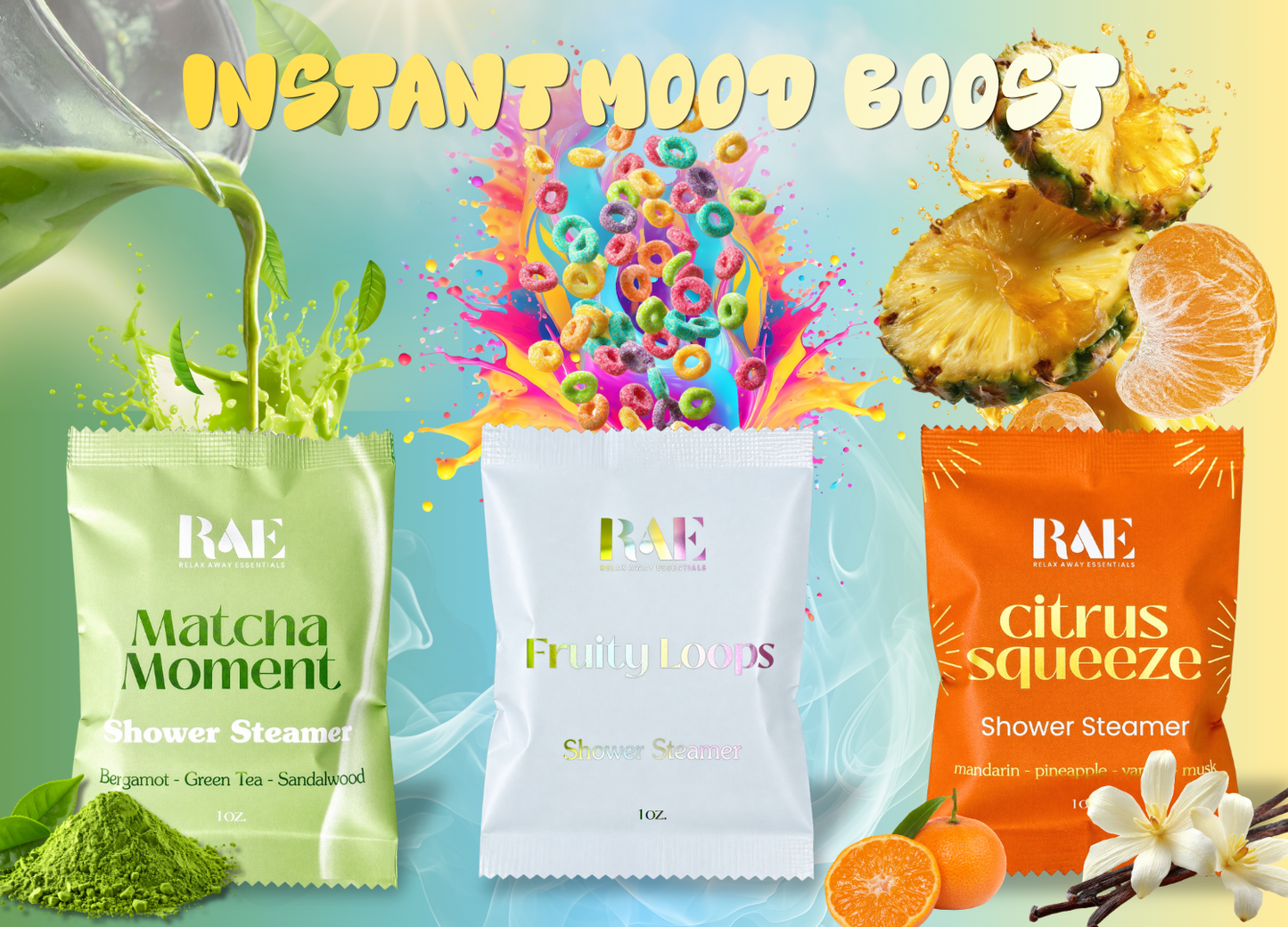 Three shower steamer packages with colorful ingredients and 'RAE' branding on a vibrant background.