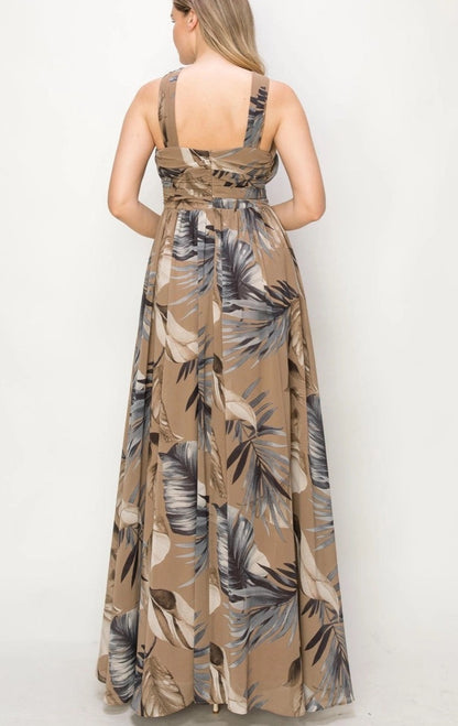 Moody Taupe & Blue Floral Chiffon Maxi Dress
