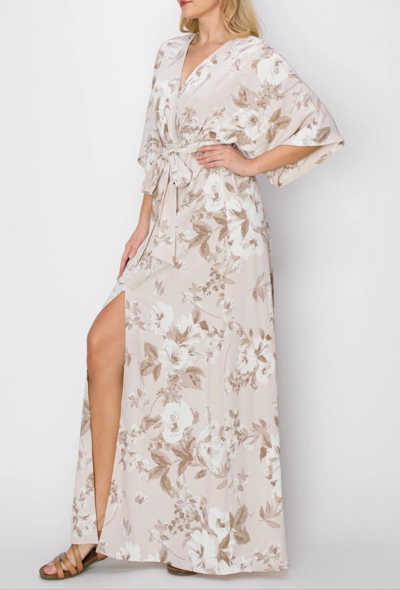 Taupe Floral Belted Maxi Wrap Dress