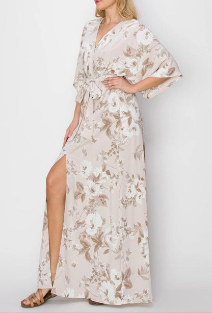 Taupe Floral Belted Maxi Wrap Dress