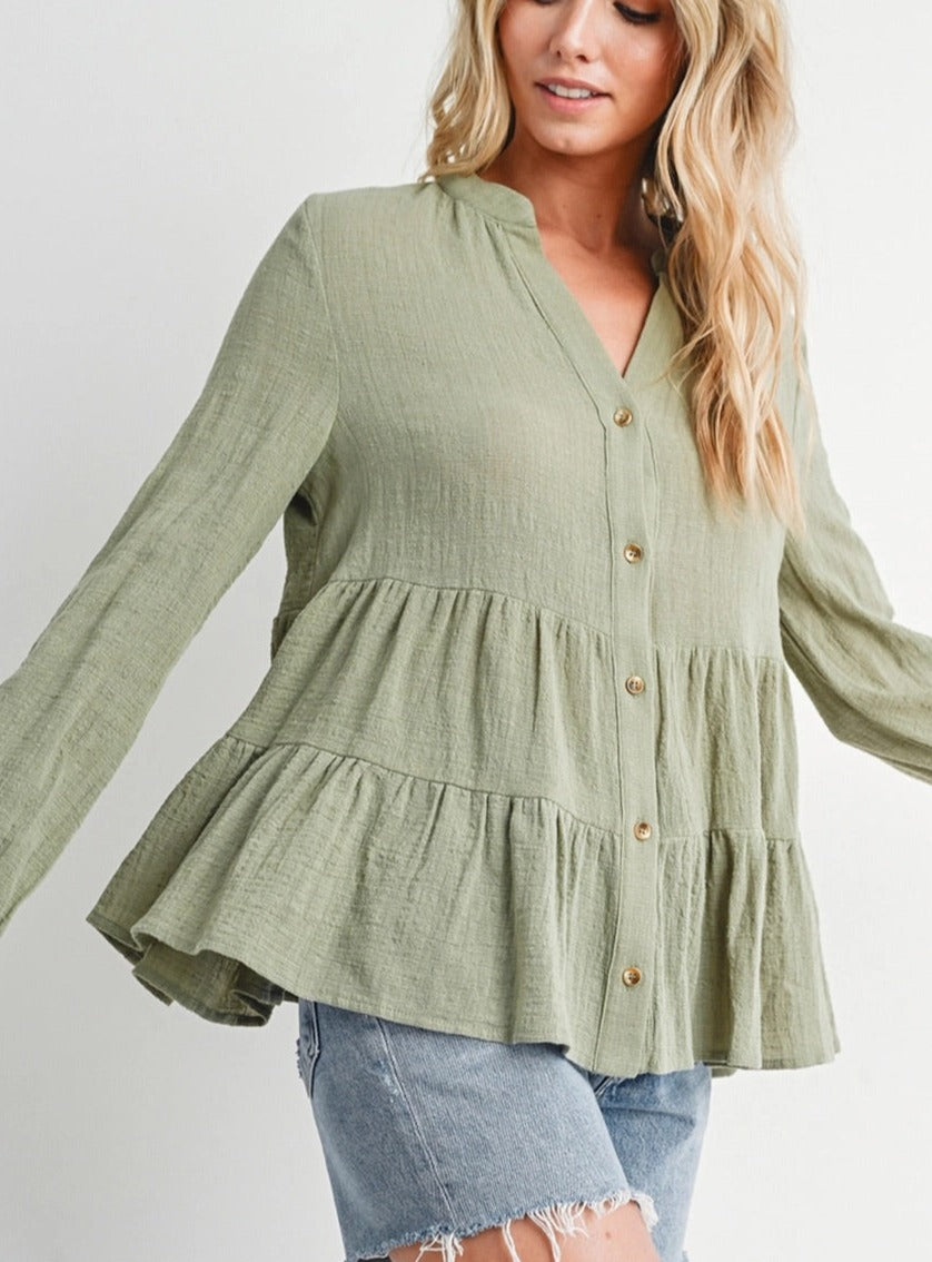 100% Cotton Sage Tiered Rustic Blouse