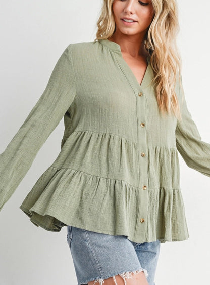 100% Cotton Sage Tiered Rustic Blouse