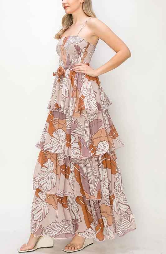 Boho Leaf Print Tiered Maxi Dress