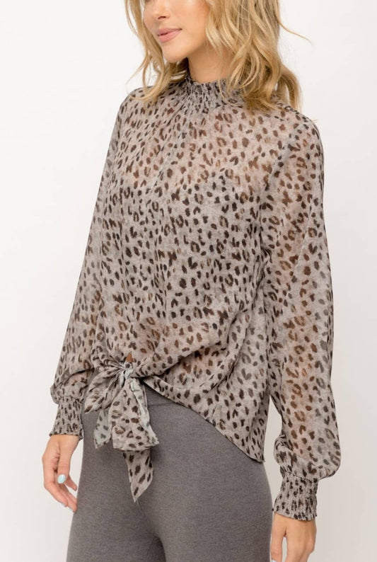Sheer Leopard Print Mock Neck Blouse