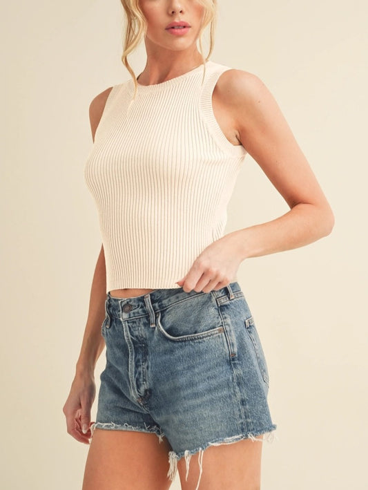 Cream Ribbed Knit Sleeveless Top