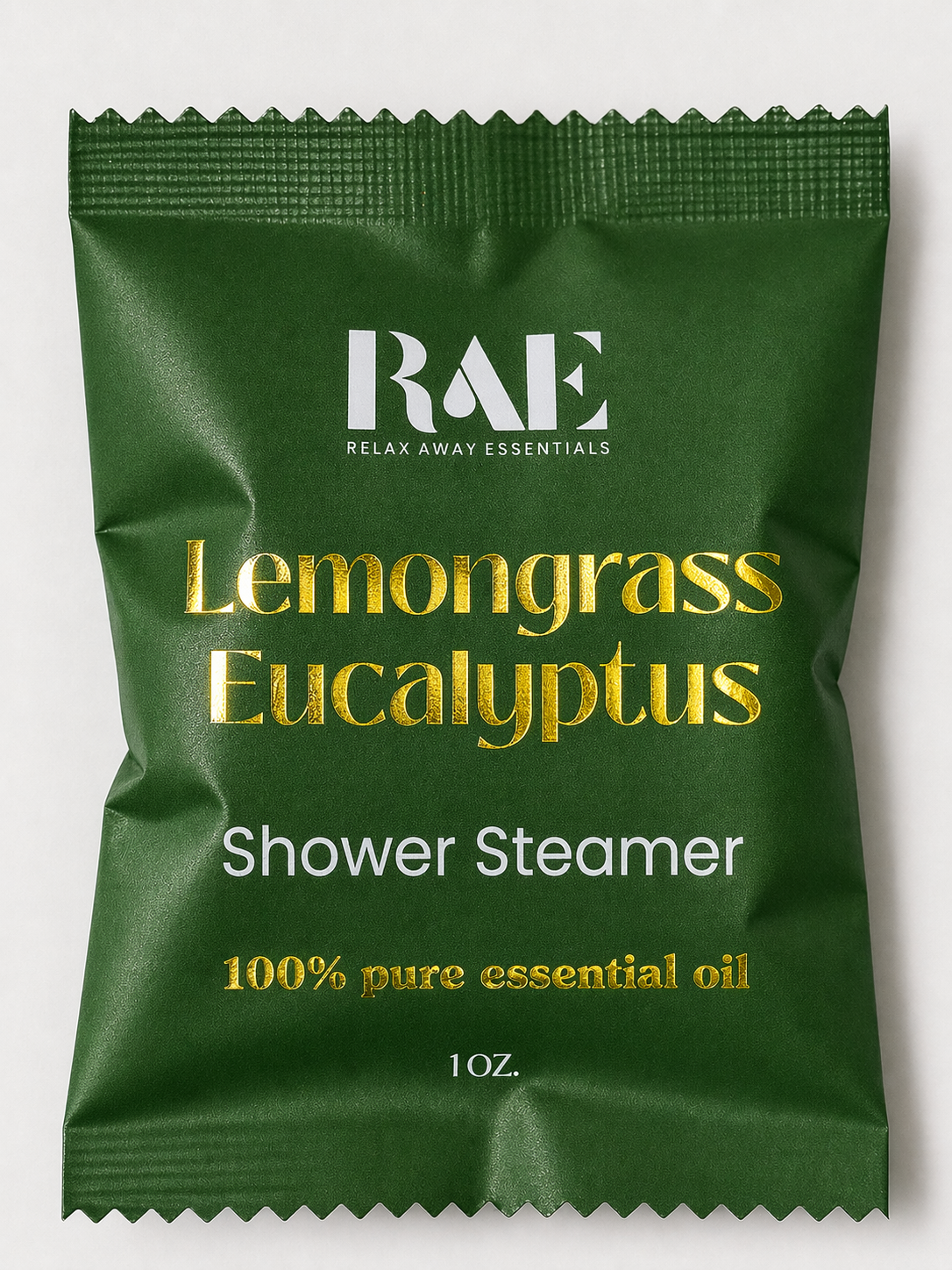 Green shower steamer packaging with 'RAE' branding and text about lemongrass eucalyptus and pure essential oils.