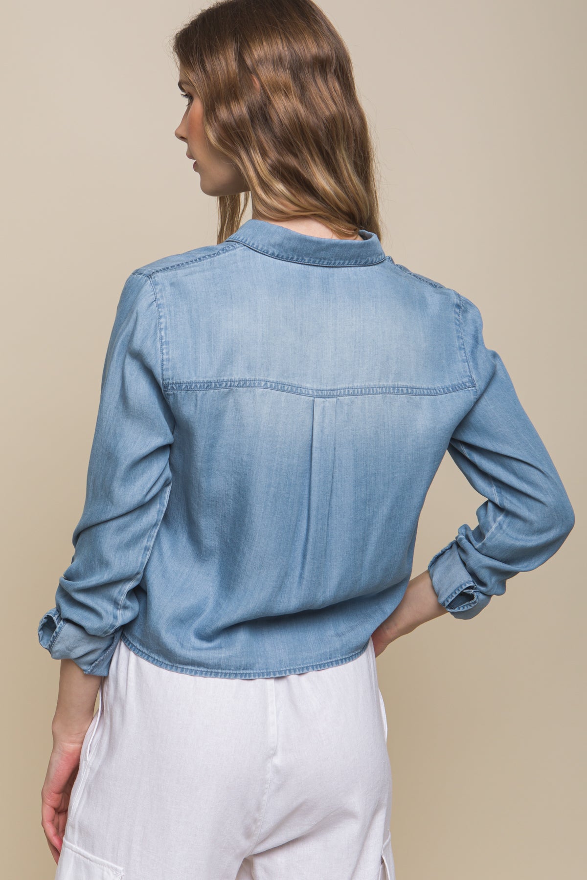 Blue Tie Front Long Sleeve Button Up