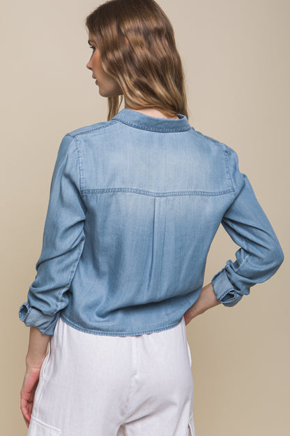 Blue Tie Front Long Sleeve Button Up