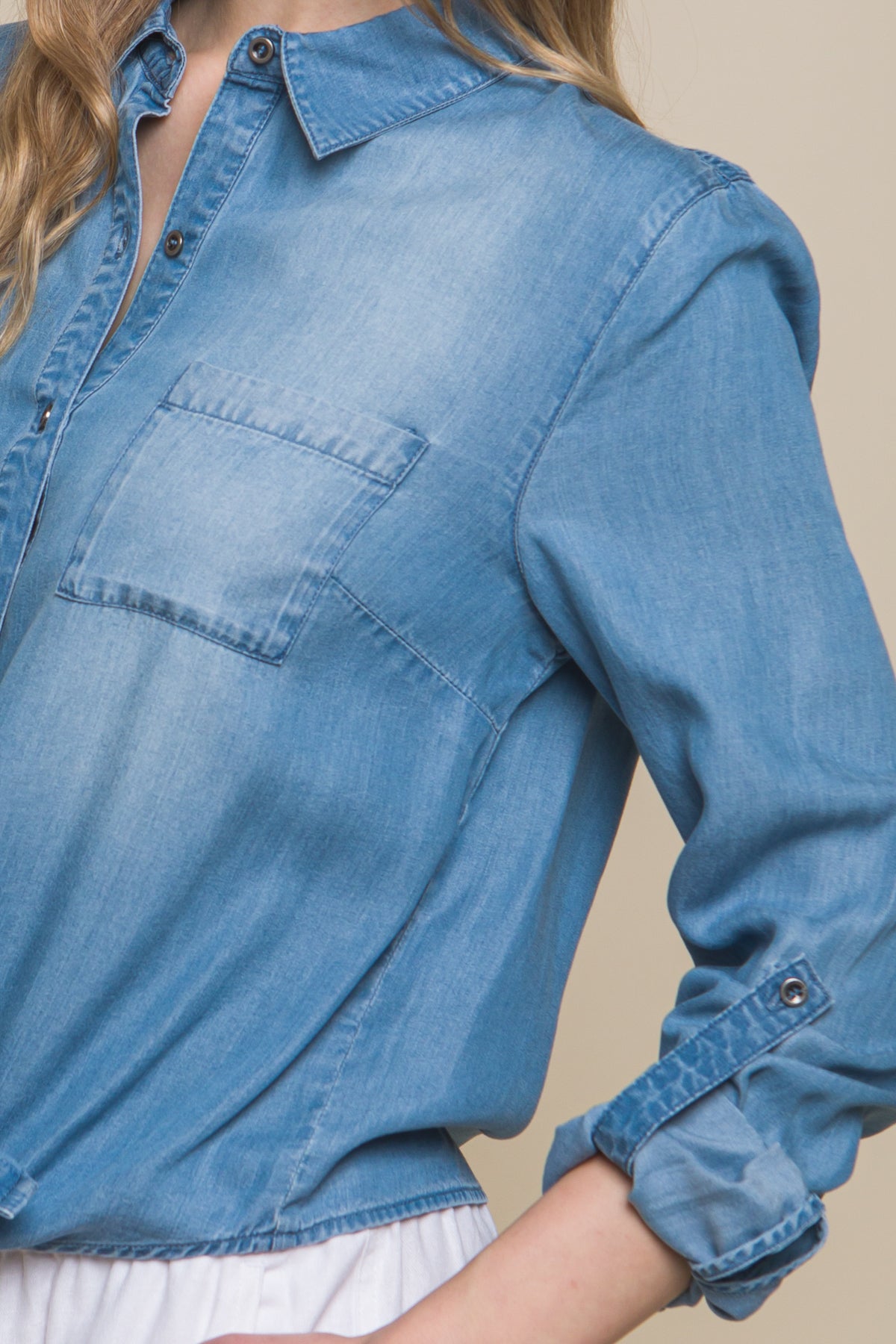 Blue Tie Front Long Sleeve Button Up