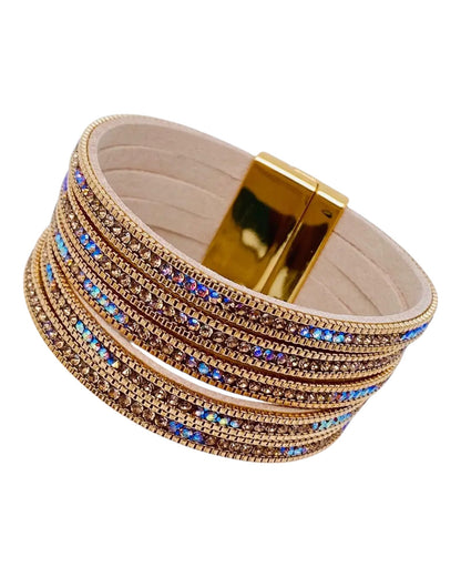Tan Leather & Inlaid Crystal Layer Bracelet