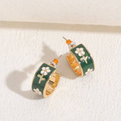 Garden Meadow Enamel Huggie Hoop Earrings (Green)