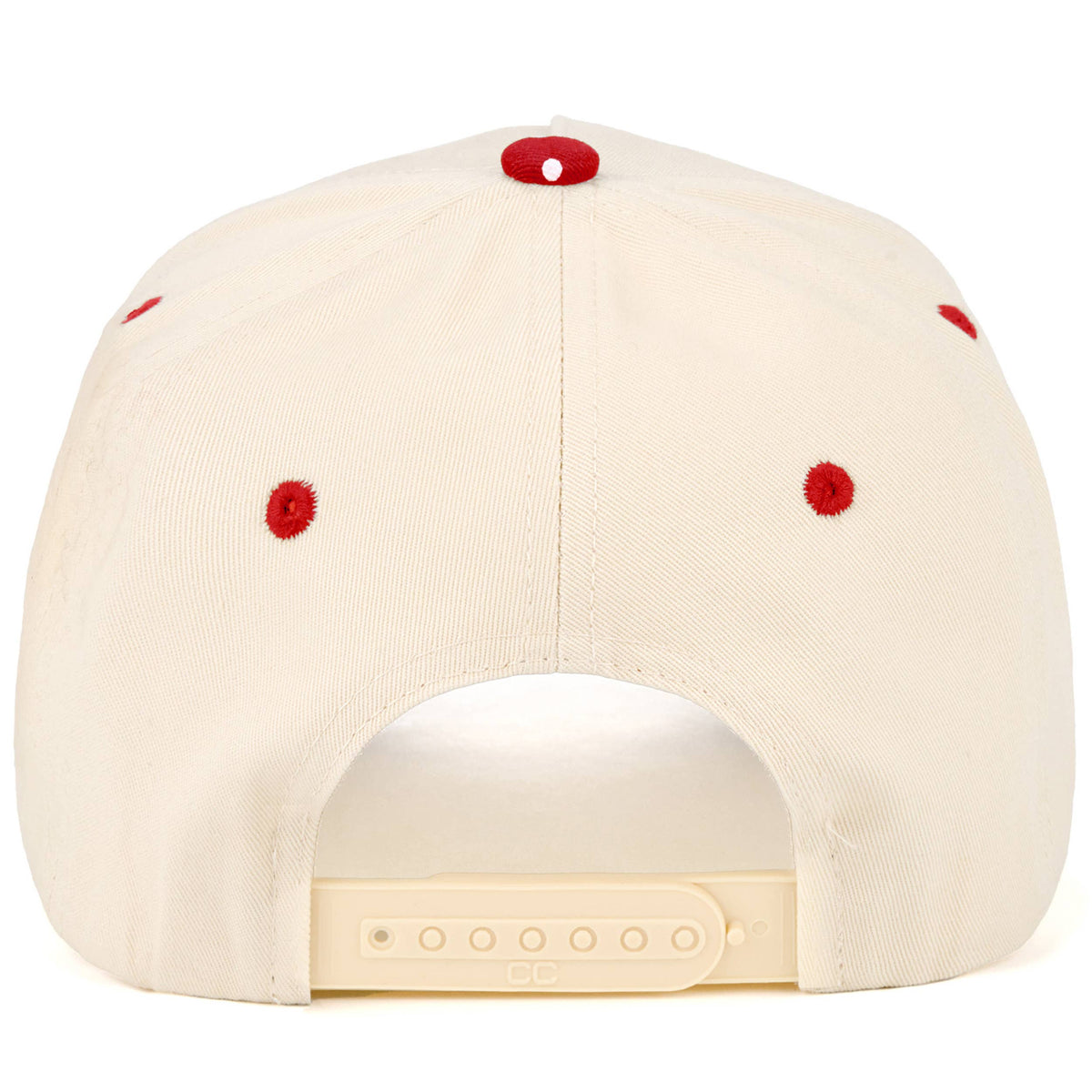Beige cap with red accents on a white background.
